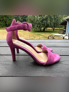 Vaneli Fuchsia Suede Open-Toe Ankle Strap Heels